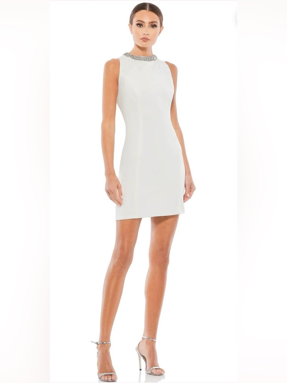 Ieena Mac Duggal 49280 White Crystal Neck Mini Dress Size 4 NWT